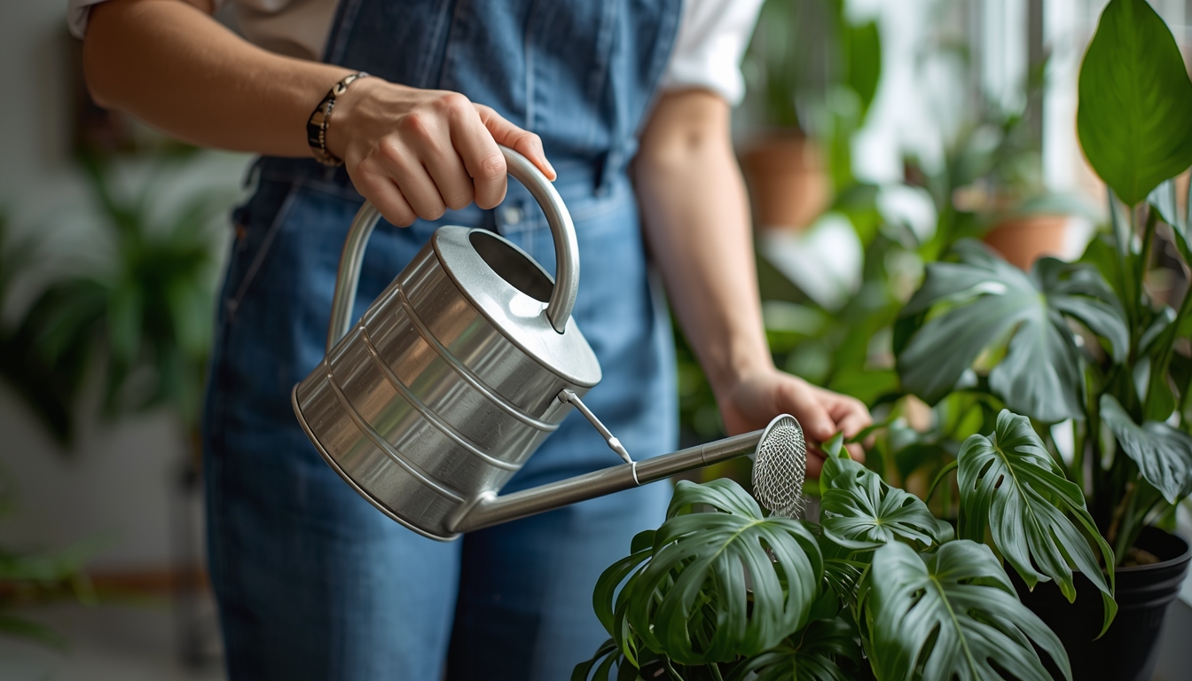 Person caring for indoor plants with watering can