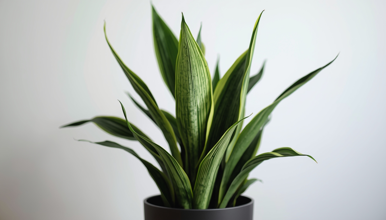 Snake Plant with tall green striped leaves in modern pot